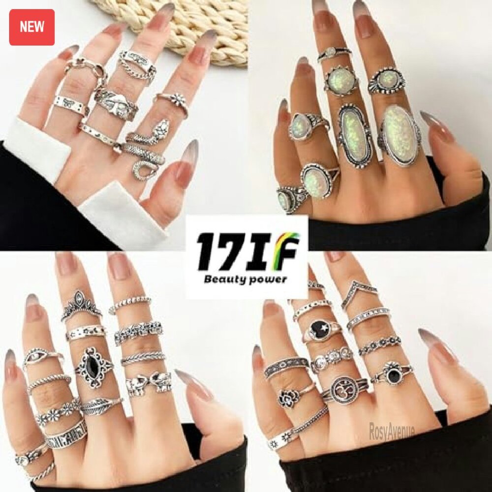 42-Piece Adjustable Silver Ring Set Stackable Vin… - image 5